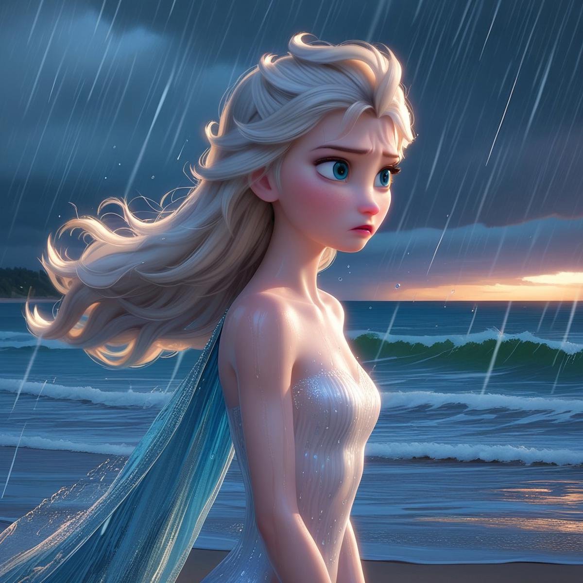 score_9, score_8, score_7, score_6, Elsa, 1girl, fFaceDetail, OverallDetail, beach, long hair, hair blowing in the wind, determined look, wet, tight silver dress, storm, windy, rain, at night, skinny 