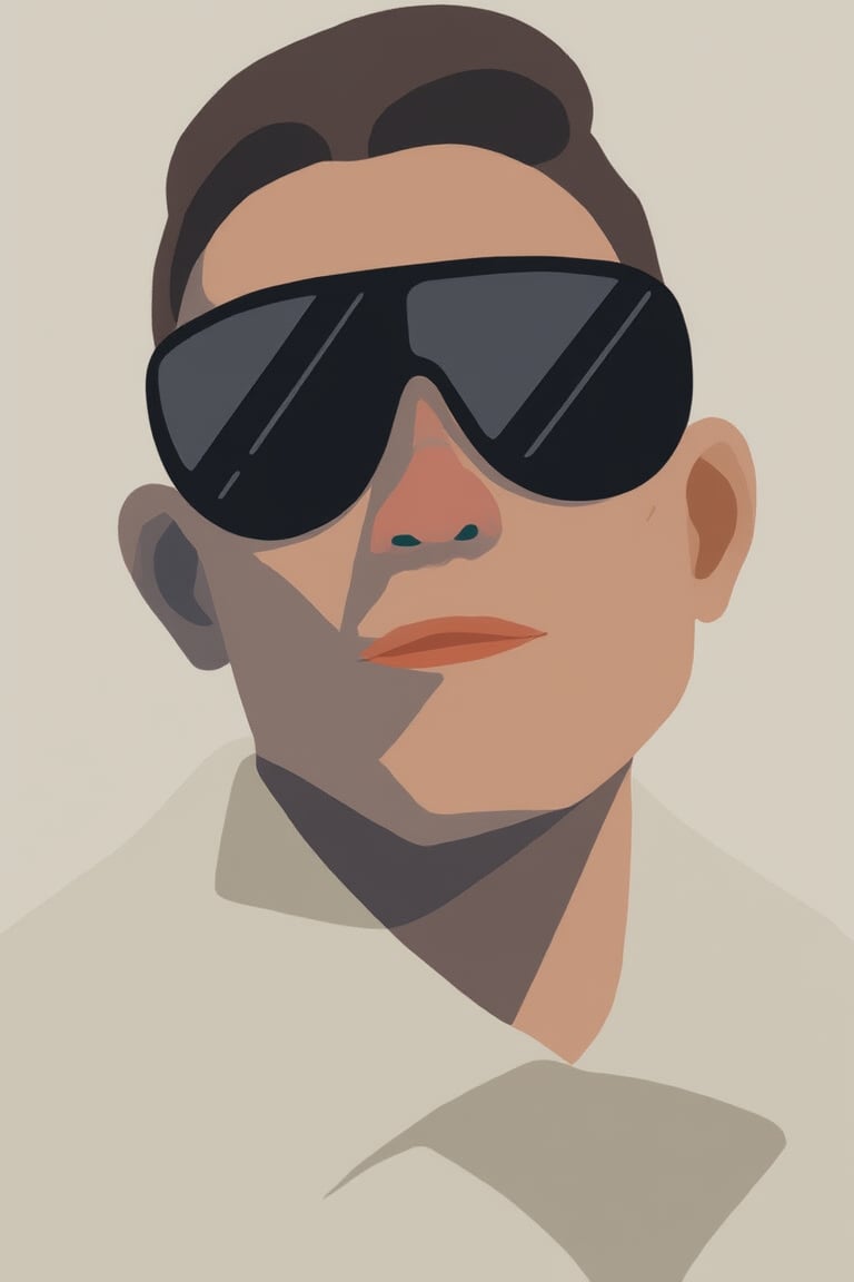 flat_art of man wearing sleek black sunglasses, their angular face and defined jawline taking center stage against a neutral background. The flat, two-dimensional artwork creates a graphic quality, with bold lines and geometric shapes emphasizing the subject's features.