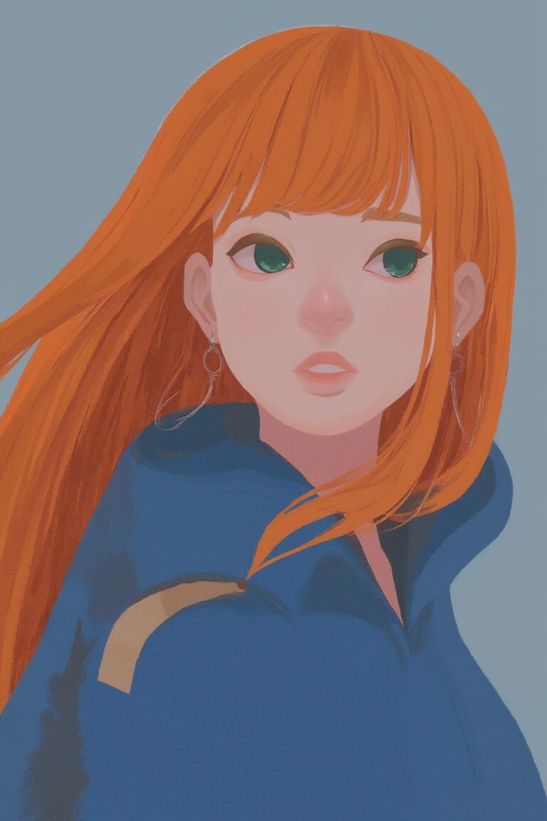 flat_art of woman orange long hair, green eyes, wearing blue jacket