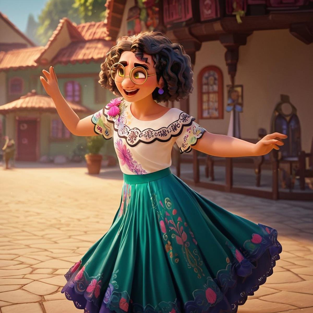 score_9, score_8_up, score_7_up, score_6_up, score_5_up, score_4_up, rating_questionable, Mirabel, Glasses, in a Mexican village, dancing, twirling skirt, OverallDetail, SkinHairDetail, fFaceDetail