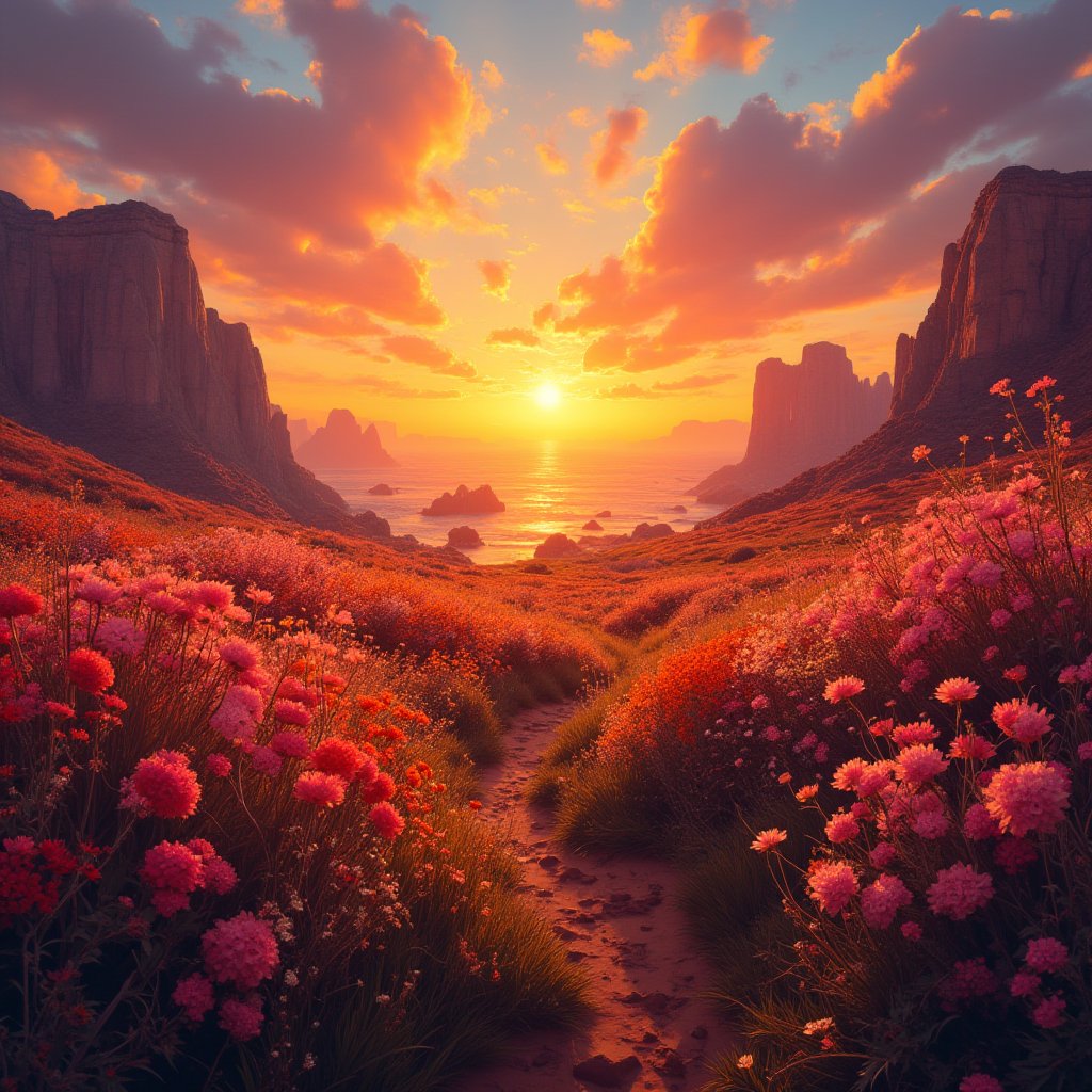 masterpiece, best quality, aethetic, vibrant sunsets, blooming wildflowers,noc-fantasy