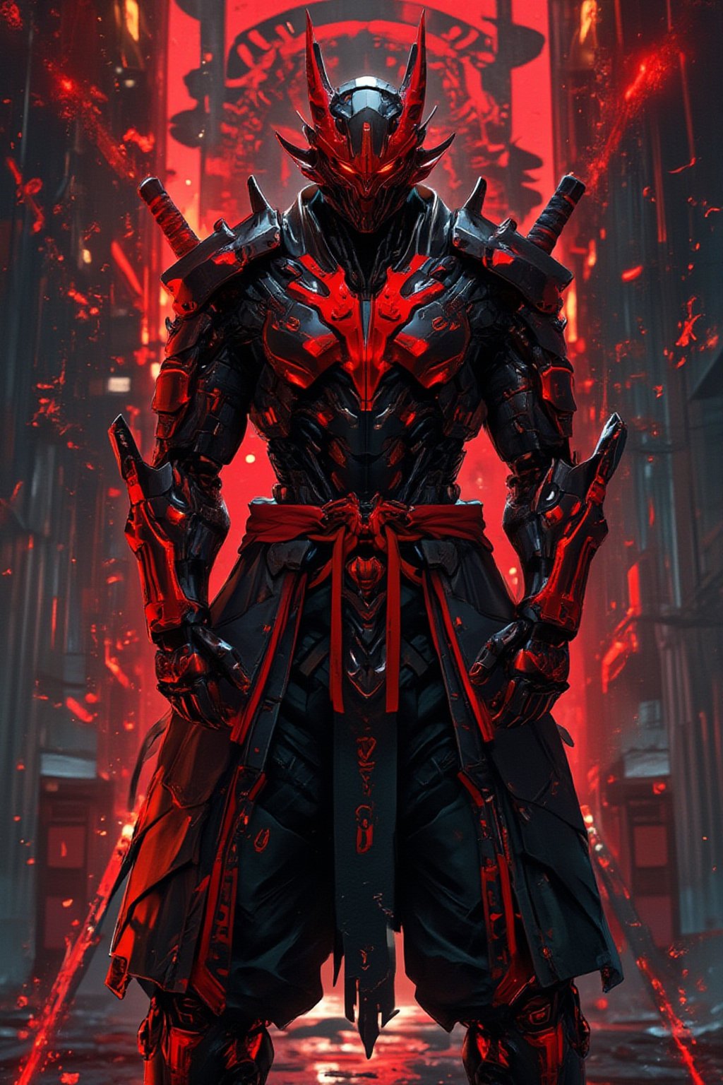 a red and black demon standing upright on the ground with two swords in front of him, very beautiful cyberpunk samurai, cyberpunk samurai, anime cyberpunk art, anime cyberpunk, cyberpunk anime art, cyborg samurai, digital cyberpunk anime art, portrait of a cyberpunk samurai, digital cyberpunk - anime art, anime cyborg, cyberpunk artstyle, cyberpunk art style, trending on artstation pixiv, cyberpunk character art, demon samurai, cyborg ninja, advanced digital cyberpunk art, cyberpunk assassin, anfas portrait of a mech warrior, cyberpunk character design