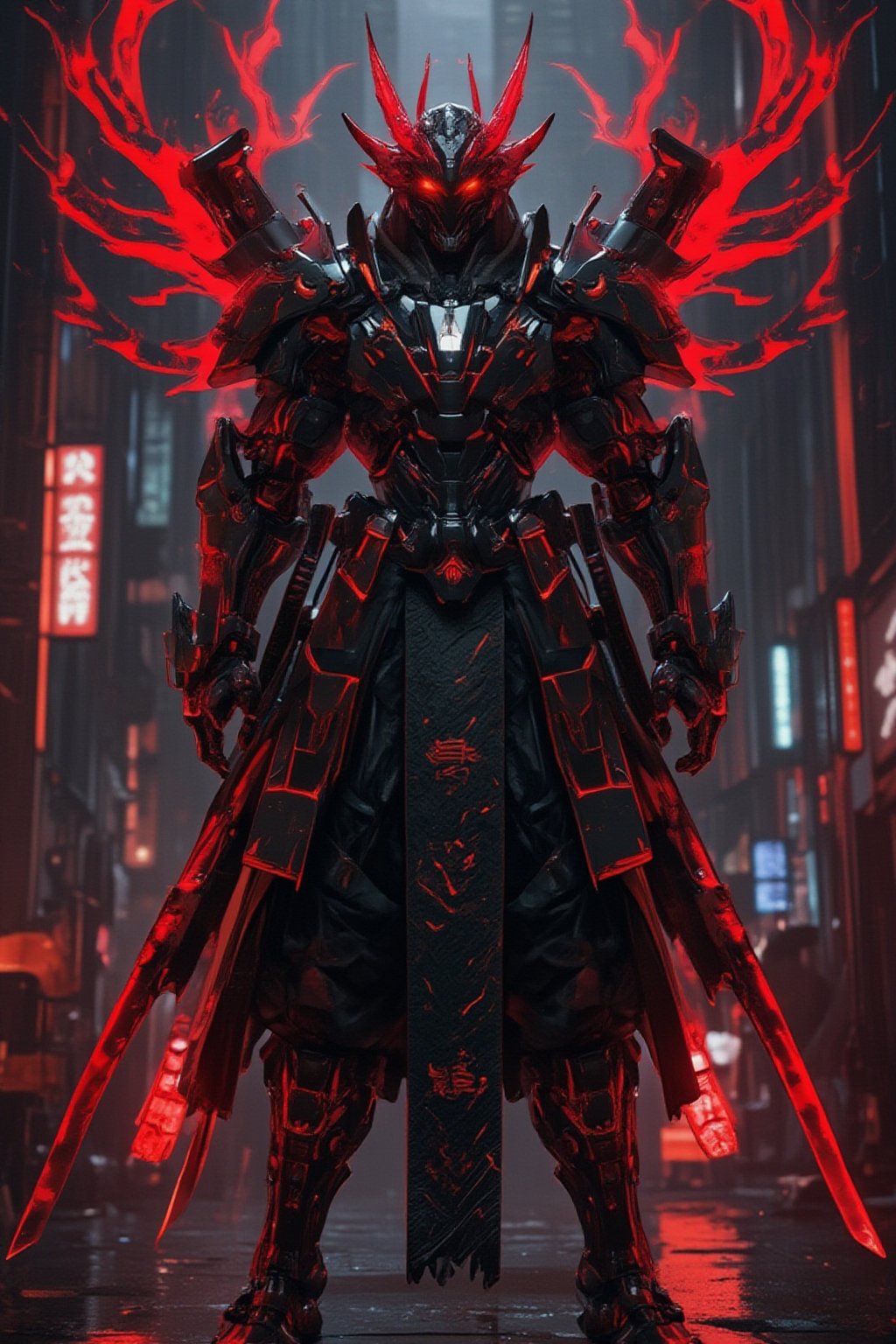 a red and black demon standing upright on the ground with two swords in front of him, very beautiful cyberpunk samurai, cyberpunk samurai, anime cyberpunk art, anime cyberpunk, cyberpunk anime art, cyborg samurai, digital cyberpunk anime art, portrait of a cyberpunk samurai, digital cyberpunk - anime art, anime cyborg, cyberpunk artstyle, cyberpunk art style, trending on artstation pixiv, cyberpunk character art, demon samurai, cyborg ninja, advanced digital cyberpunk art, cyberpunk assassin, anfas portrait of a mech warrior, cyberpunk character design