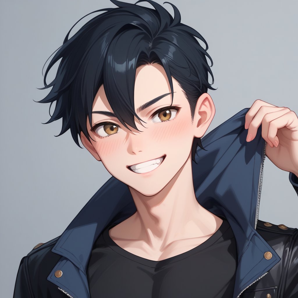 score_9,score_8_up,score_7_up,score_6_up,score_5_up,score_4_up,source_anime,BREAK,Black hair,Brown eyes,Toned male,Dark hair,Blush,Light tanned,Collarbone,Muscular,Grin,Hair between eyes, black shirt, self_shot,  black jacket 