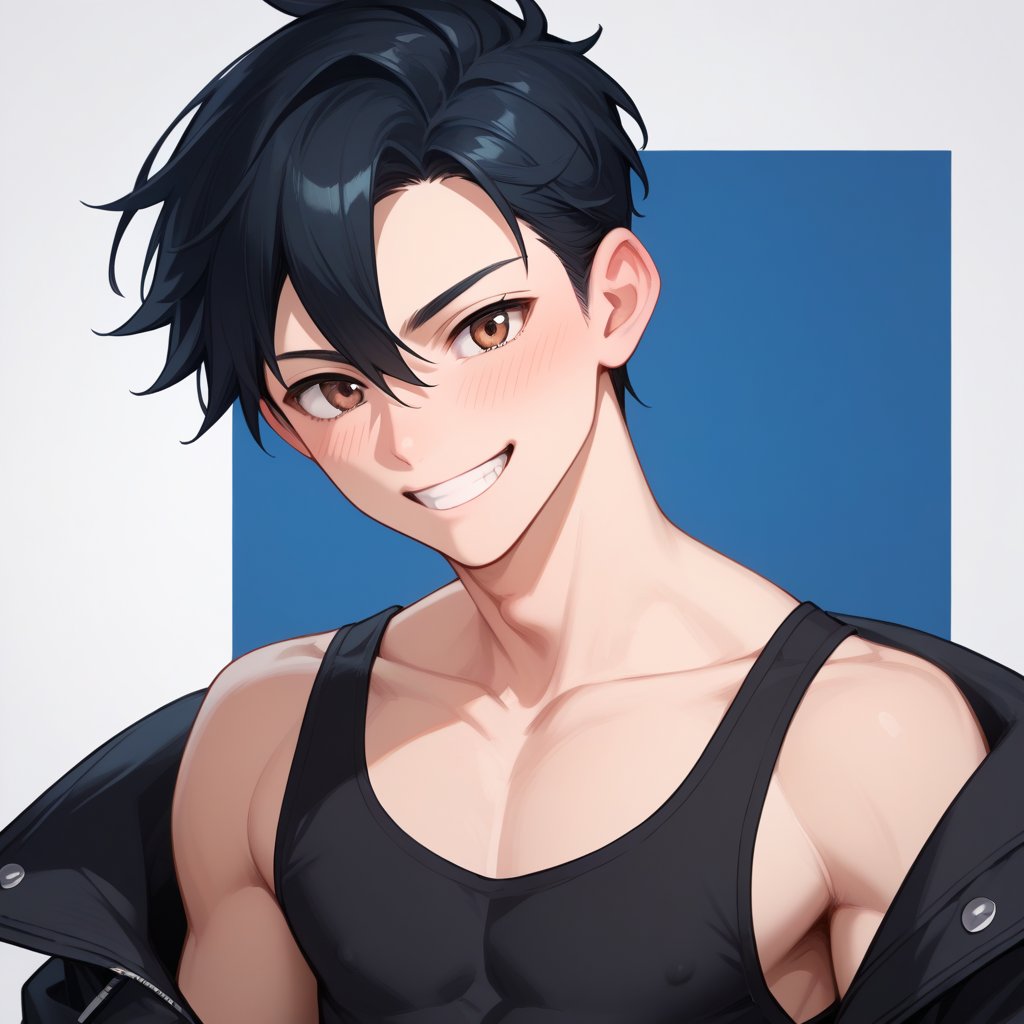 score_9,score_8_up,score_7_up,score_6_up,score_5_up,score_4_up,source_anime,BREAK,Black hair,Brown eyes,Toned male,Dark hair,Blush,Light tanned,Collarbone,Muscular,Grin,Hair between eyes, black shirt, self_shot,  black jacket,