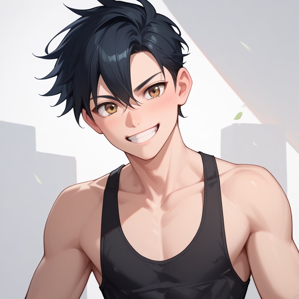 score_9,score_8_up,score_7_up,score_6_up,score_5_up,score_4_up,source_anime,BREAK,Black hair,Brown eyes,Toned male,Dark hair,Blush,Light tanned,Collarbone,Muscular,Grin,Hair between eyes, black singlet, self_shot,  