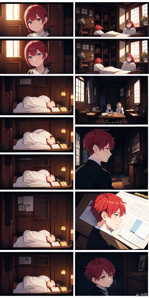 (story board:1.4),[story board:black line:5],(8 interface:1.3),[white background:story board:2],talking, 1boy,moyou,face,Undercut Fade,red hair,Rembrandt's light shines on the girl's face, The scene is captured using a Fujifilm X-T3 with a 35mm f/6.3 lens,smile, yunv