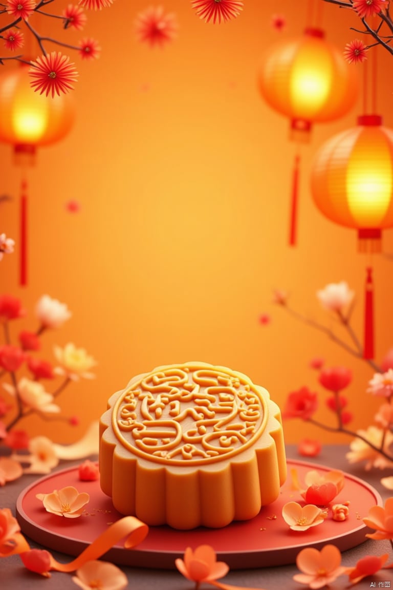 A vibrant Mid-Autumn Festival poster features a majestic mooncake with golden characters inscribed on its surface reading 'Tusi'. The crescent-shaped mooncake is placed against a warm orange backdrop, adorned with delicate lanterns and fluttering silk ribbons. Soft, golden light illuminates the composition, casting a gentle glow on the surrounding foliage.