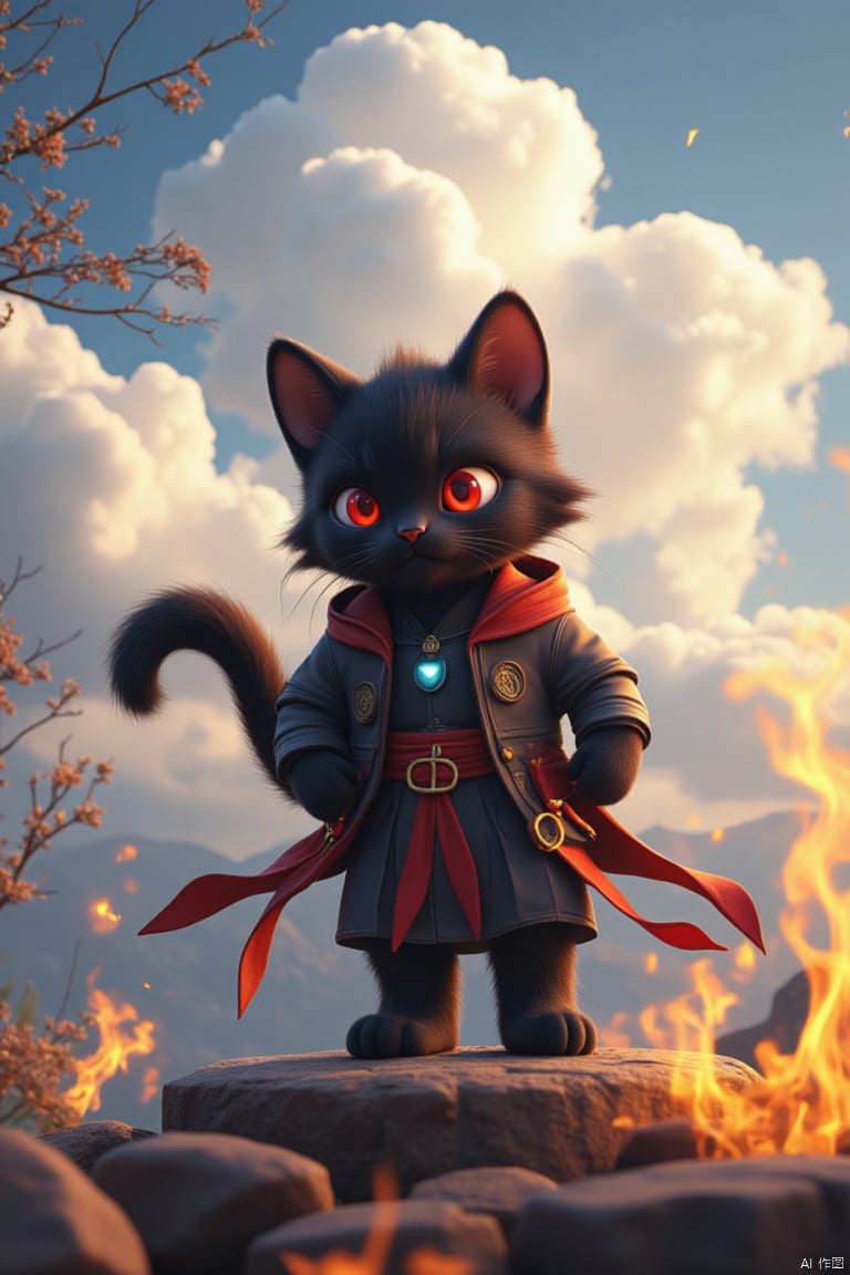 solo, looking at viewer, red eyes, 1boy, standing, tail, full body, male focus, outdoors, sky, cloud, no humans, watermark, cat, cloudy sky, fire, furry, furry male, lightning, whiskers, black fur, destruction