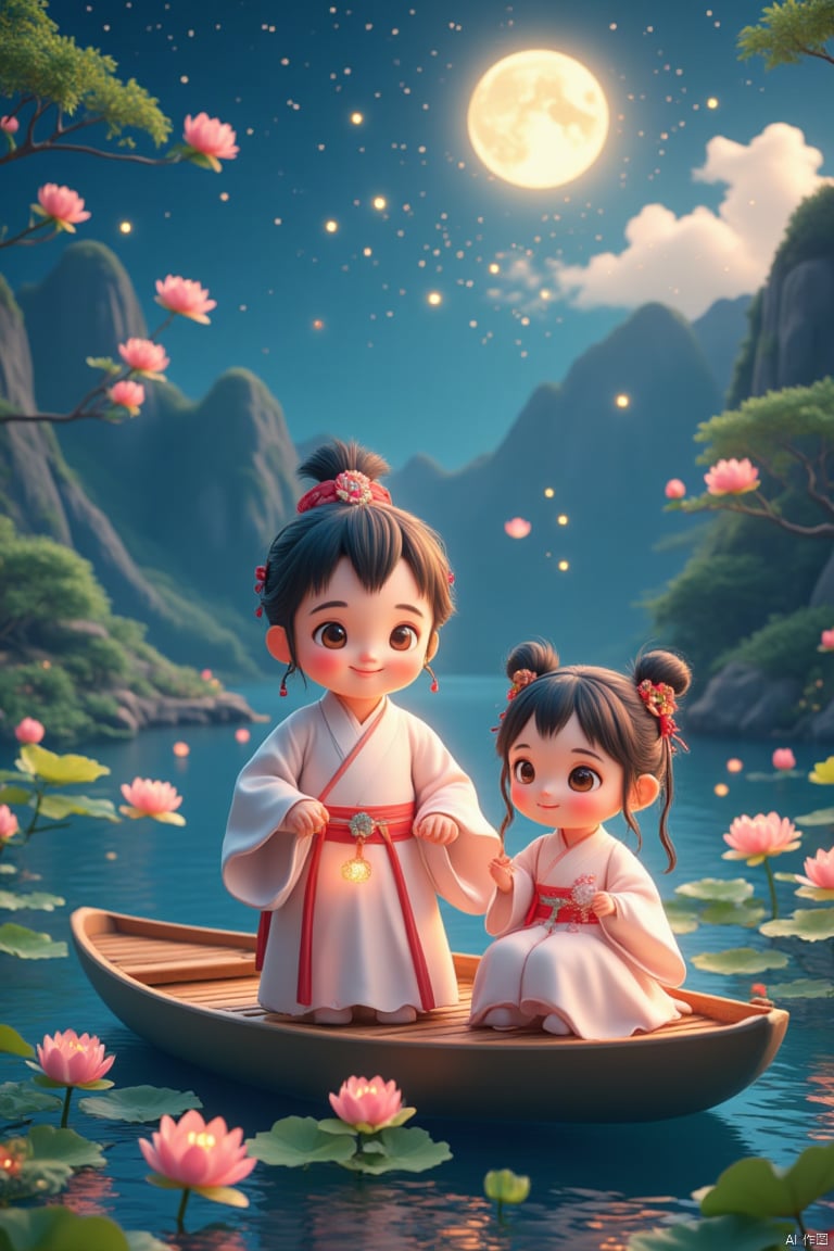 A lovely boy and a lovely girl, dressed in hanfu, Loong Boat, outdoor, river, night, starry sky, mountains, clouds, lotus flowers, lotus leaves, nature, (masterpiece: 1.2), best picture quality, high resolution, 8K, fireflies,