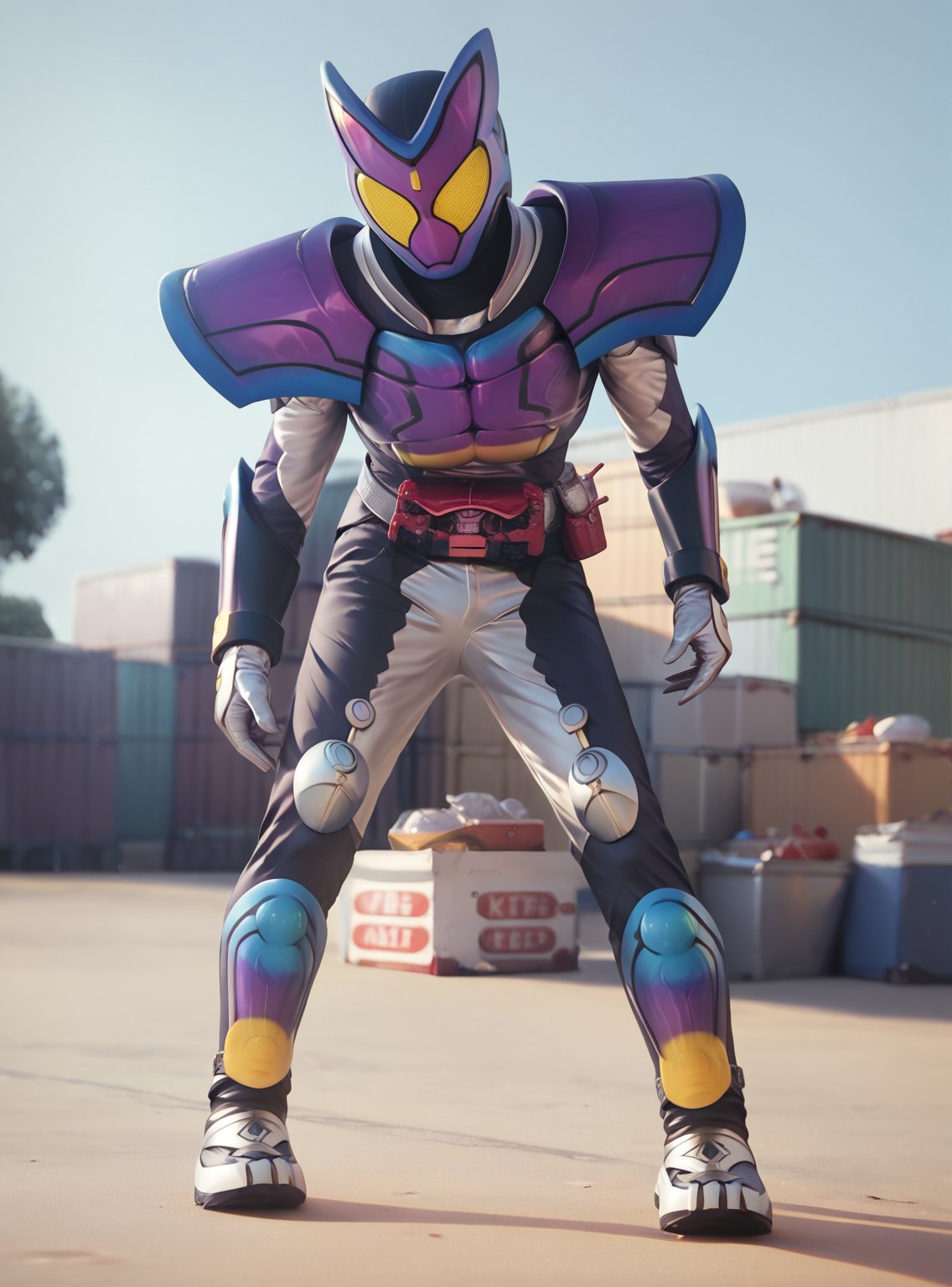 score_9, score_8_up, score_7_up, score_6_up, score_5_up, score_4_up, realistic, 1boy, kamenridergavv, tokusatsu, purple armor, helmet, rider belt, yellow eyes, gloves, leaning foward, outside, containers, low angle