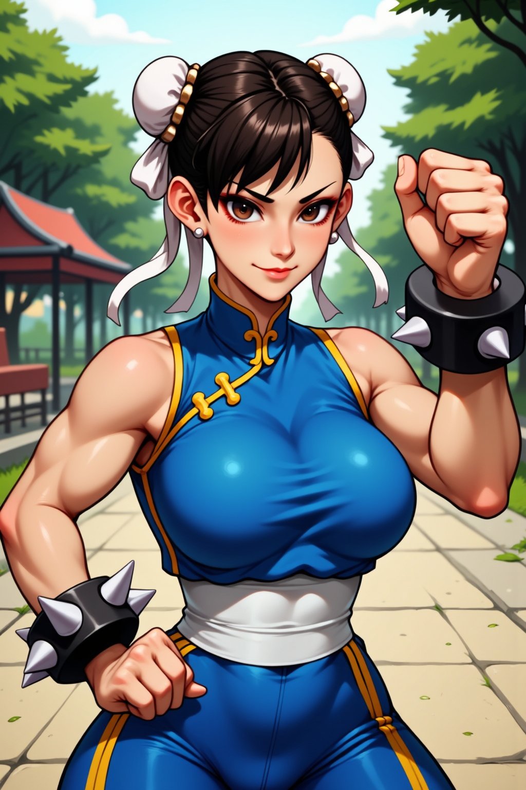 Fighting stance , bang , 1girl, black hair,chunli, 
blue sleeveless halter top, ( blue-full-leotard ) ,  a pair of  spiked black  bracelet , 
At park , in china , 