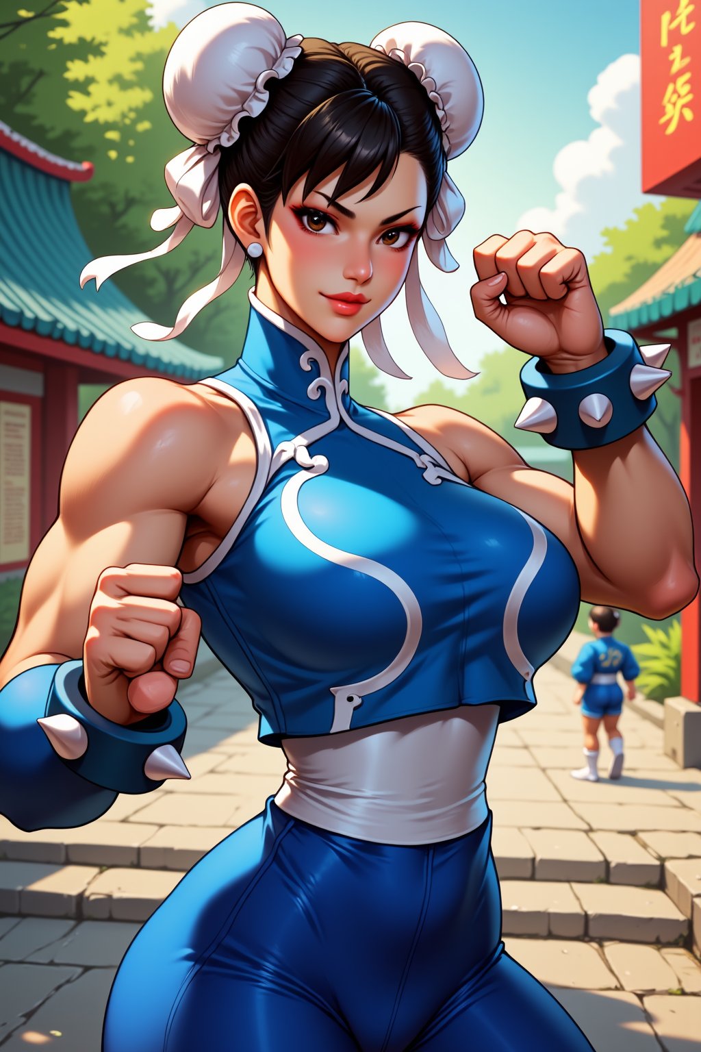 Fighting stance , bang , 1girl, black hair,chunli, 
blue sleeveless halter top, blue-full-leotard
spiked bracelet , 
At park , in china , 