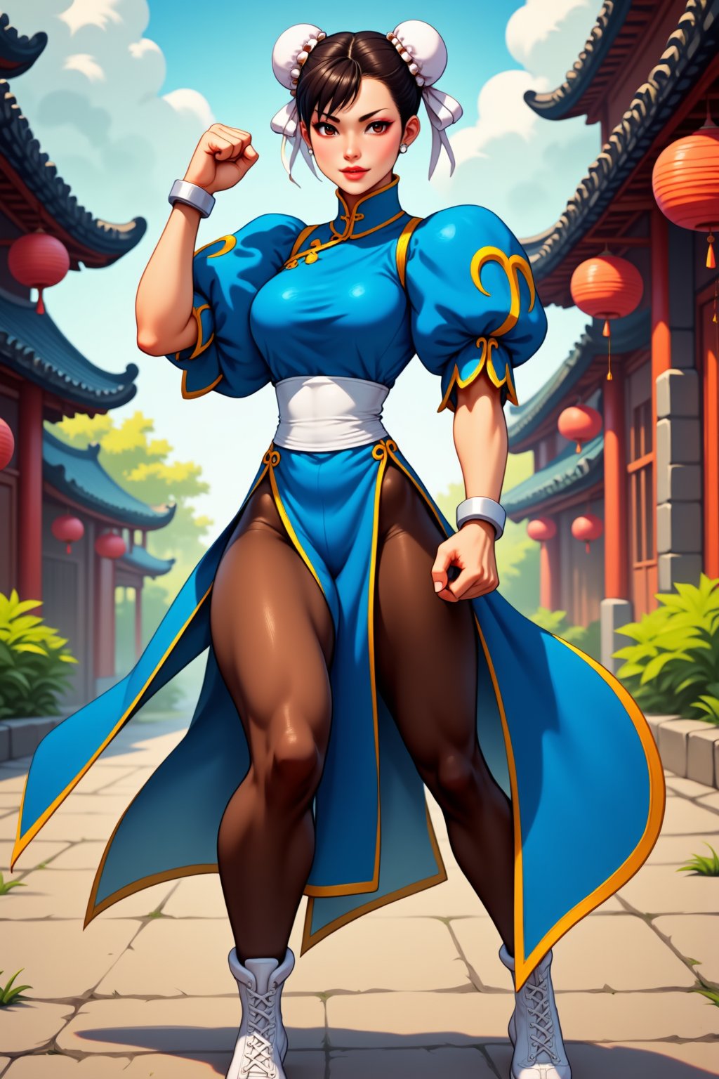 Fighting stance , bang , 1girl, black hair,chunli, 
classic blue dress, pelvic curtain, pantyhose , 
At park , in china , 