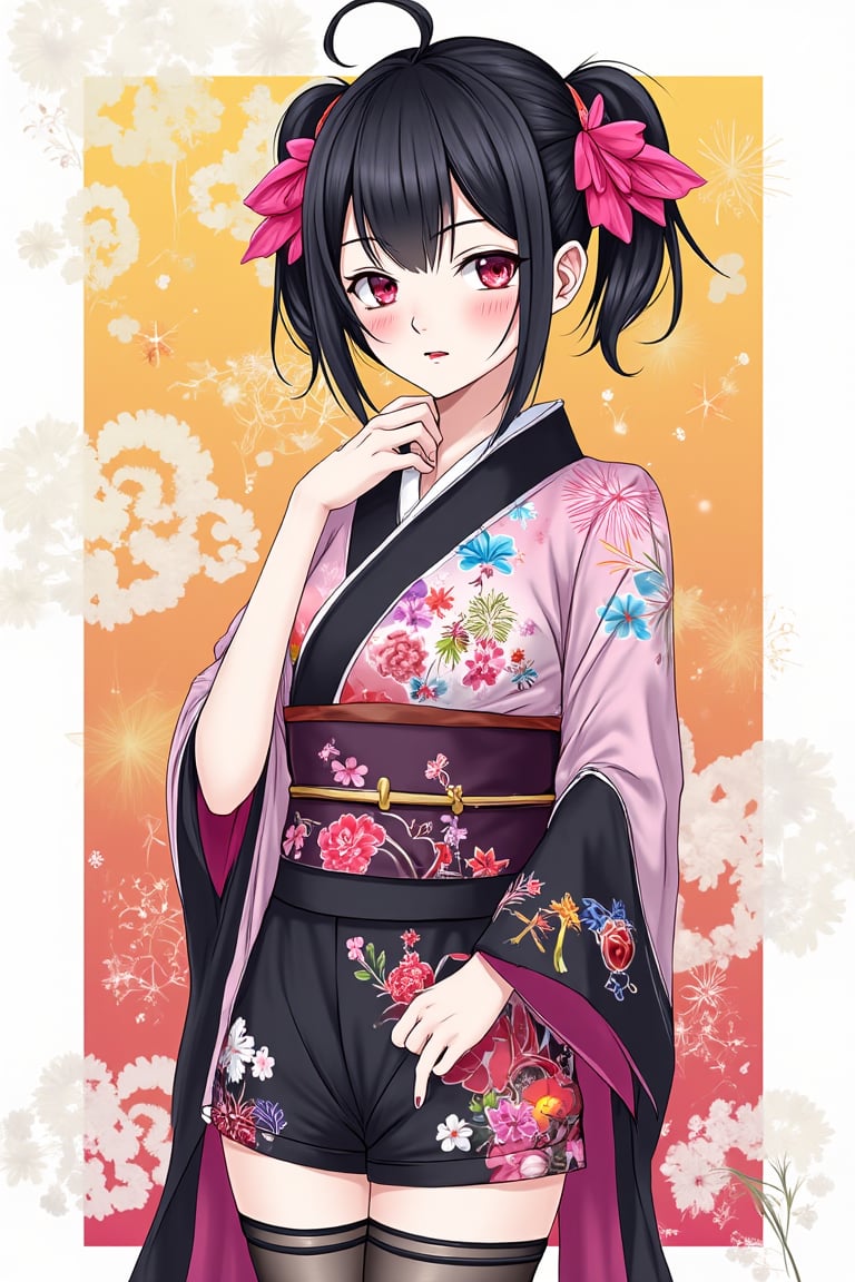 A girl with an elaborate hairstyle with a mix of black and pink tones, which may suggest a creative or rebellious personality. The presence of a colorful background may indicate a sense of liveliness or action associated with the character. She is wearing an elaborate kimono short with a mix of black and pink tones. The overall layout and style indicate a narrative genre such as a comic or graphic novel, full body shot
