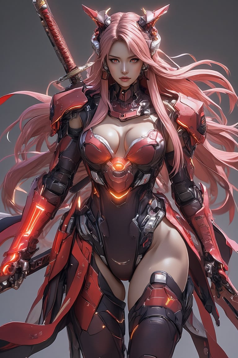 masterpiece, UHD, 8K, 1 female, solo, long hair, breasts, big breasts, hold, very long hair, stand, weapon, pink hair, cowboy scene, , pink eyes, holding weapon, glowing, holding katana, helmet-, robot, sci-fi, dual-wielding, android, joint, robot joint, energy sword, real robot, katana, hotoke-do, Sode, Kote, Haidate, Suneate, Kusazuri,Japan Costume,Enhanced all