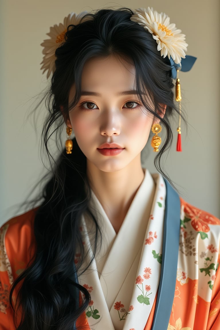 a woman with long dark hair, wearing a kimono, adorned with a blue ribbon and a floral pattern. She is adorned with gold earrings, a white flower, and a gold Kanzashi. Her hair cascades over her shoulders, adding a touch of beauty to her face. The backdrop is a cream-colored wall.photography, masterpiece, best quality, 8K, HDR, highres, absurdres:1.2, Kodak portra 400, film grain, blurry background, bokeh:1.2, lens flare, (vibrant color:1.2)