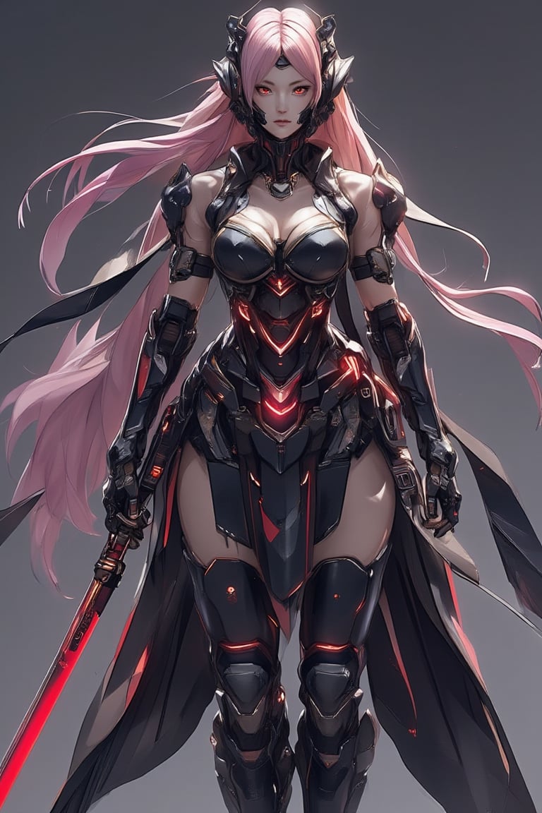 masterpiece, UHD, 8K, 1 female, solo, long hair, breasts, big breasts, hold, very long hair, stand, weapon, pink hair, cowboy scene, , pink eyes, holding weapon, glowing, holding katana, helmet-, robot, sci-fi, dual-wielding, android, joint, robot joint, energy sword, real robot, katana, hotoke-do, Sode, Kote, Haidate, Suneate, Kusazuri, mark Japan Costume,Enhanced all