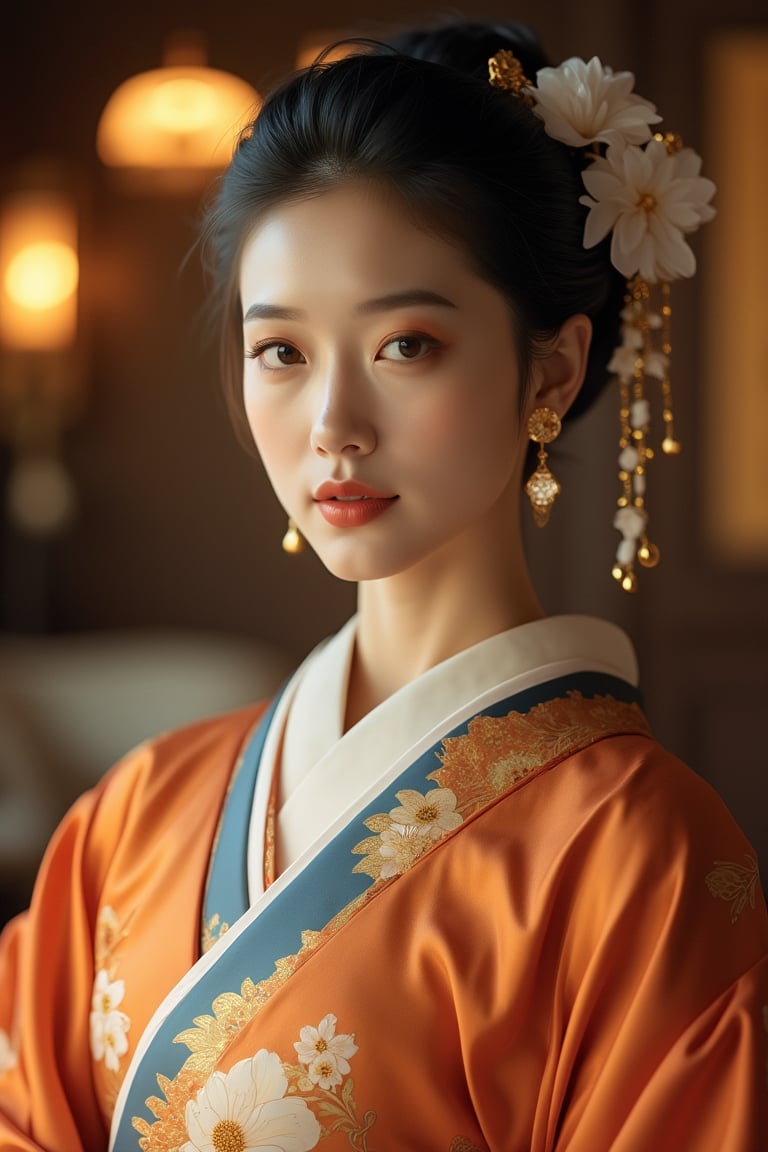 a woman with her hair tied up in a golden Kanzashi, wearing an orange kimono, decorated with a blue ribbon and with a floral pattern. She is adorned with gold earrings and a white flower giving her an elegant and noble beauty. The background is a luxurious, sophisticated Japanese-style room. Image, masterpiece, best quality, 8K, HDR, high resolution, absurd resolution:1.2, Kodak portra 400, film grain, blurred background, bokeh:1.2, lens flare , (vivid color: 1.2) full body shot ability