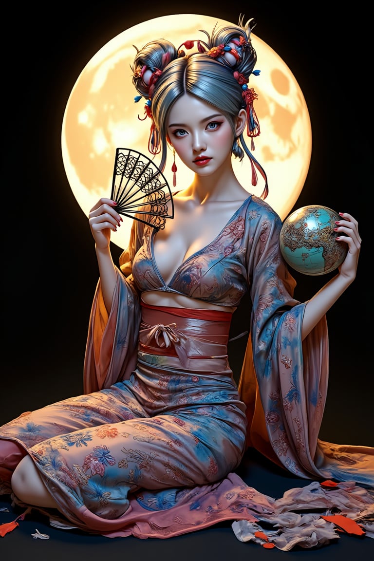 A hybrid being of enchanting beauty! In a warm, dreamy light, with volumetric shadows, this mesmerizing creature sits upon a matte background. Multicolored hair flows like a tapestry of hues, with blue eyes shining like sapphires. The pose is eccentric, with one hand holding an ornate motif-adorned fan, while the other grasps a vintage-inspired globe.,Ink art style,3D,PVC,anime, kimono costum , long sleeve, silk belt, The black background has the moon shining behind the character