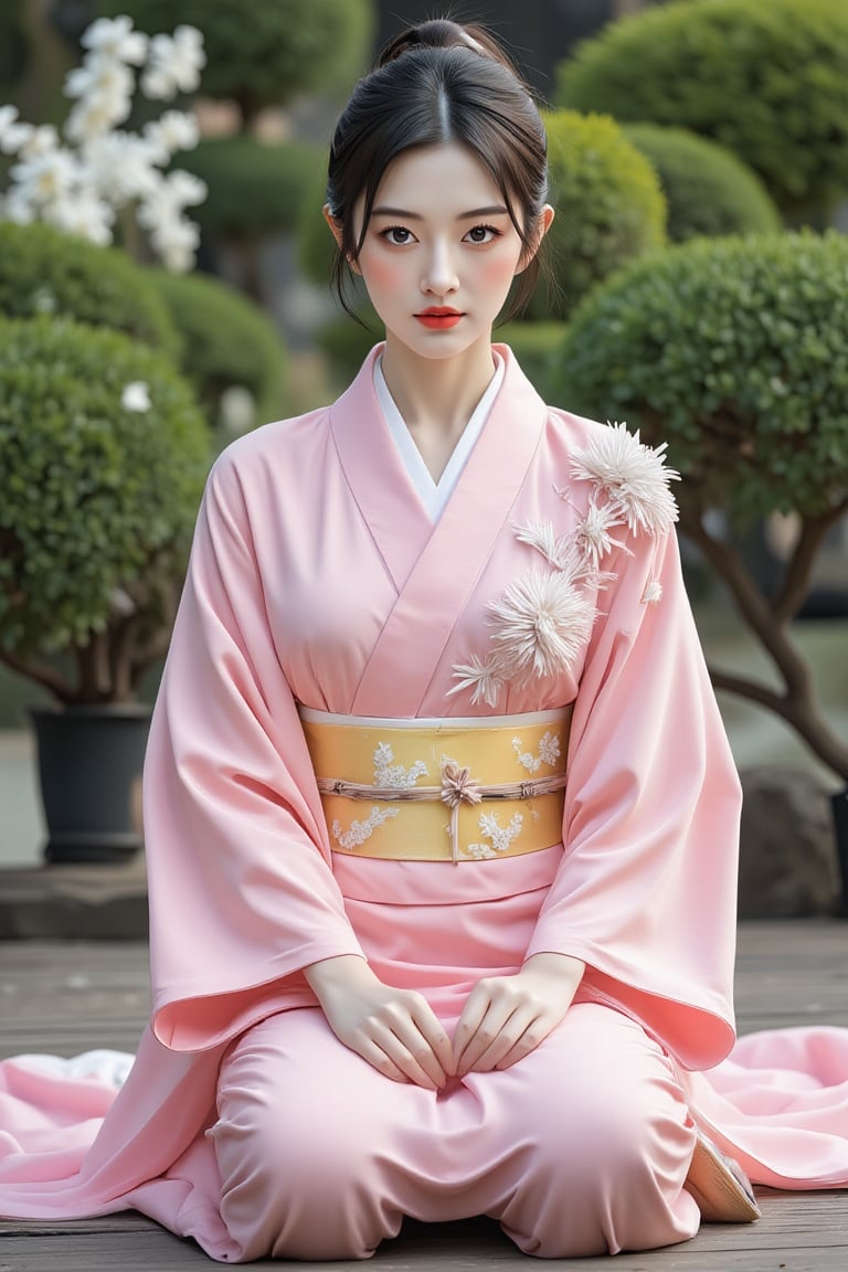 A beautiful Japanese girl, 23yo, oval face, double eyelids, highly detailed glossy eyes, busty body, full body portrait, luxurious pink kimono, ornate embroidery, wood slippers, Japan Zen garden, charming face, faint smile, look at camera, beautiful leg, cinematic, amazing composition, highly details,
