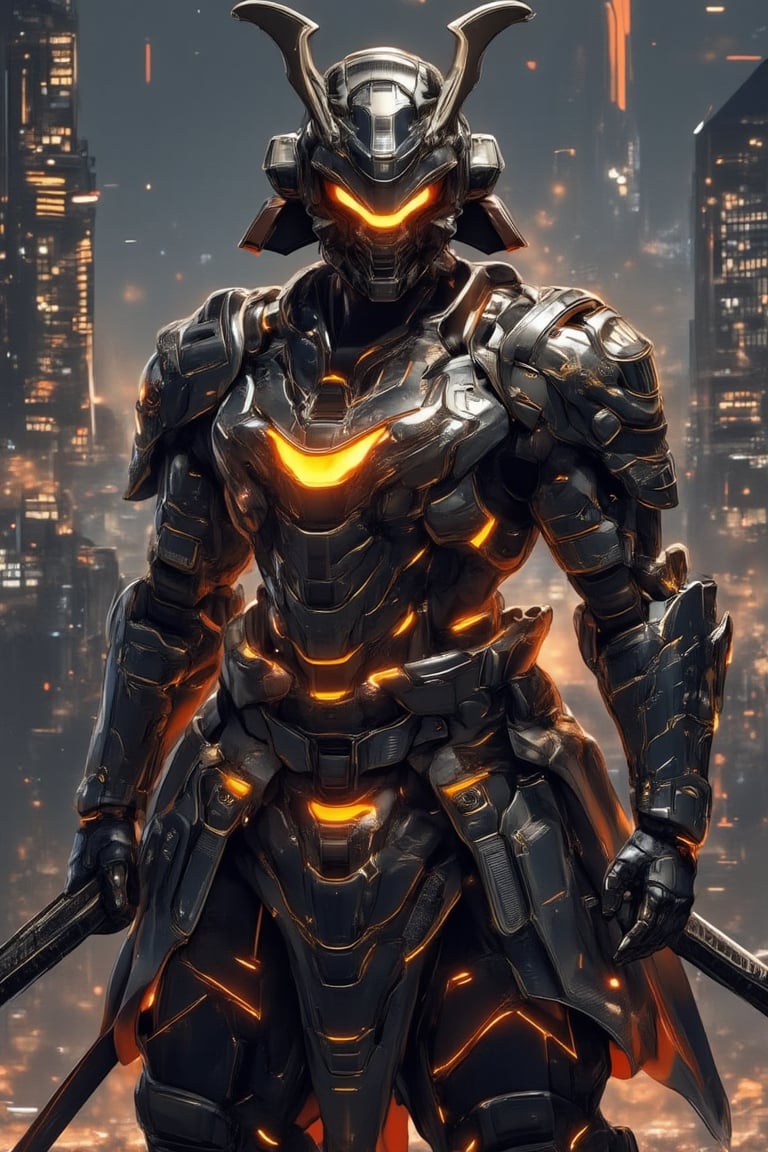 Digital illustration depicting a futuristic samurai warrior in sophisticated cybernetically enhanced armor. The samurai's face is hidden inside an advanced three-dimensional helmet, and its facial features are represented as the ASCII art emoticon ">_<". Samurai armor combines traditional Japanese design elements, such as decorative shoulder and waist protection, with advanced cybernetic innovations such as articulation, luminous circuits, and metallic luster. He is holding a katana that glows with the crystallization of science and technology on both sides of his waist and also wears two katanas. Dimly lit futuristic cityscape background with towering skyscrapers and neon-tinted clouds, cyber helmets,