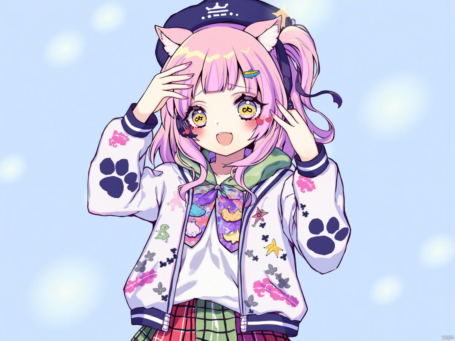  Jingtian,1girl, 

beret, star (symbol), paw print pattern, white shirt, paw print, plaid skirt, adjusting headphones, multicolored clothes, animal ears, standing, headset, looking at viewer, skirt, ahoge, blue background, symbol in eye, upper body, hoodie, hood, blunt bangs, shirt, open clothes, hairclip, white jacket, open mouth, hat, long sleeves, yellow eyes, hood down, official alternate costume, pink hair, floral print, smile, neckerchief, animal ear headphones, hooded jacket, upper teeth only, red skirt, teeth, headphones, solo, green skirt, plaid, blush, black hat, virtual youtuber, black jacket, letterman jacket, star in eye, jacket, open hoodie, plaid neckerchief, green hoodie, hair ornament, side ponytail, cowboy shot, fake animal ears, collarbone, multicolored skirt,

masterpiece, newest, absurdres, safe