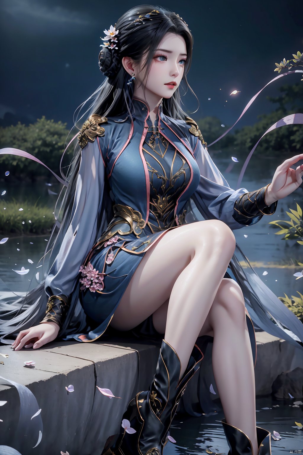 1girl, solo, long hair, breasts, blue eyes, black hair, hair ornament, long sleeves, dress, jewelry, sitting, closed mouth, flower, earrings, boots, hair flower, hair bun, looking to the side, petals, bare legs, night, blue dress, chinese clothes, falling petals