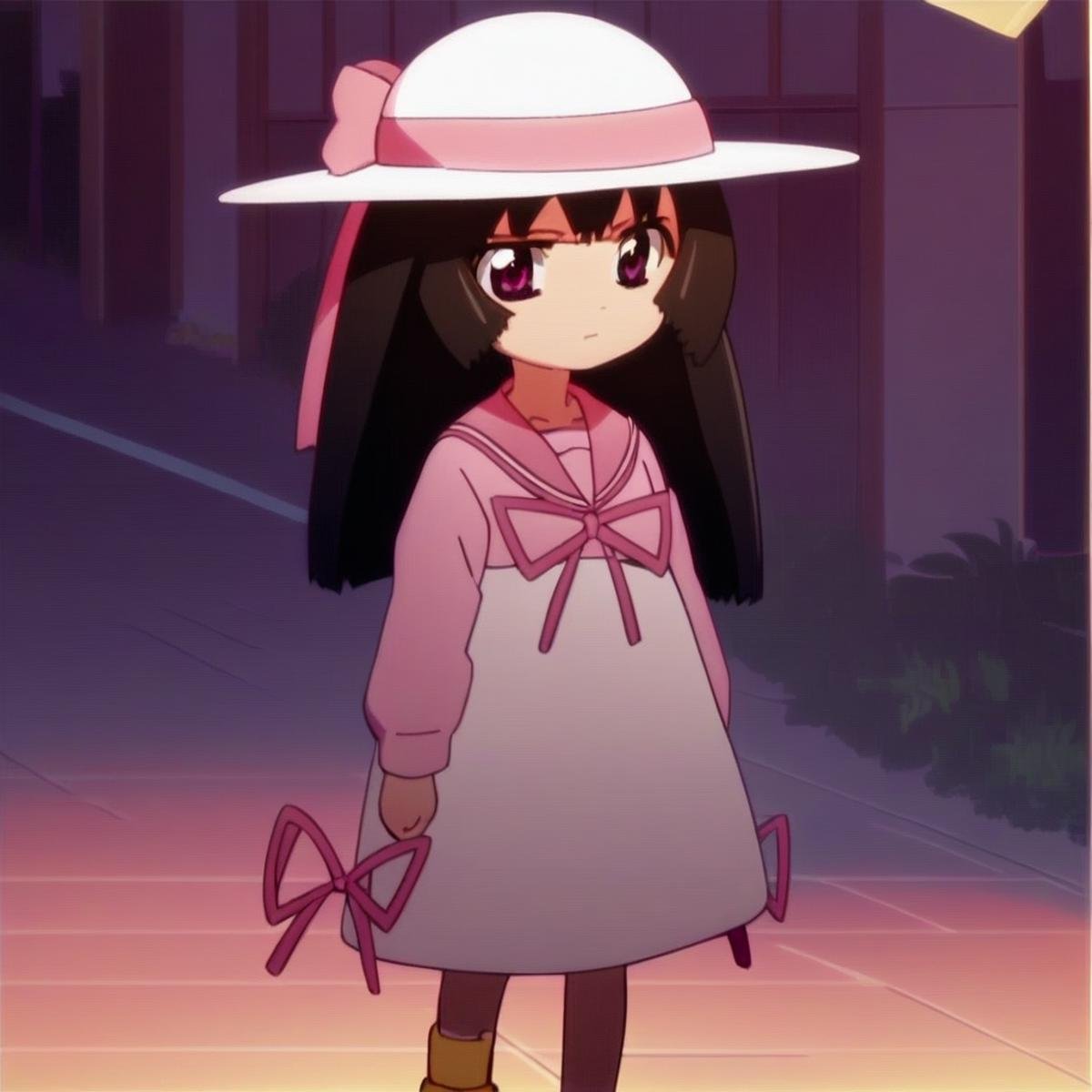 score_9, score_8_up, score7_up, source_anime, anime screenshot, highly detailed, hd ultra detail, 1girl, solo, cowboy shot, complex background, street, rona_elmo, black hair, long hair, purple eyes, school uniform, pink sailor collar, yellow shoes, sunhat, pink ribbon,