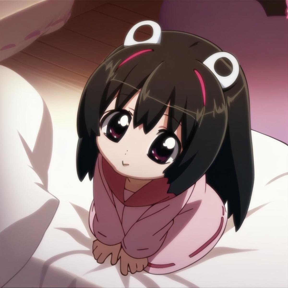 score_9, score_8_up, score7_up, source_anime, anime screenshot, highly detailed, hd ultra detail, 1girl, solo, complex background, inside, bed, kneeling, ona_elmo, black hair, long hair, purple eyes, animal pyjama, animal ears, bear ears, adorable, cute