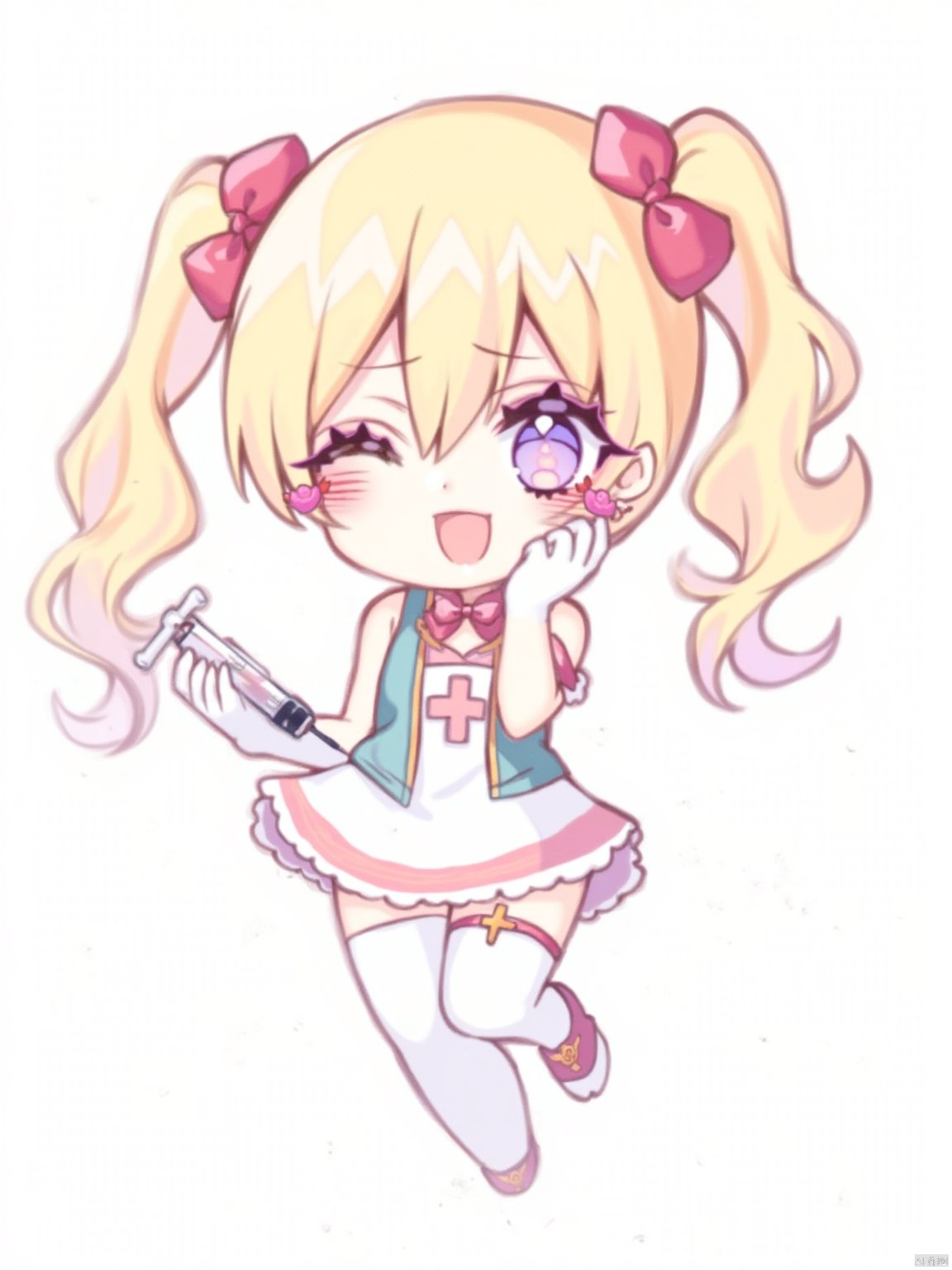  Jingtian,1girl, 

thigh strap, eyelashes, wavy hair, cross print, syringe, white dress, chibi, dress, light blush, hair between eyes, ribbon, pink dress, twintails, ahoge, hair flower, chibi only, long hair, open mouth, holding syringe, white thighhighs, blonde hair, sleeveless dress, sleeveless, two-tone dress, one eye closed, red flower, smile, red ribbon, ;d, upper teeth only, holding, hand on own face, short dress, teeth, transparent background, gloves, thighhighs, aqua vest, simple background, full body, hair ribbon, flower, purple eyes, hand on own cheek, hair ornament, solo, white gloves, vial,

masterpiece, newest, absurdres, safe