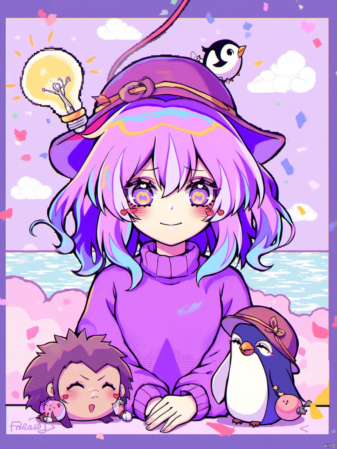  Jingtian,1girl, 

purple hair, sweater, pixel art, bird, light bulb, penguin, smile, crossed bangs, hedgehog, artist name, hair between eyes, purple sweater, medium hair, brown eyes, hat, hair intakes, cropped torso, looking away,

masterpiece, newest, absurdres, safe