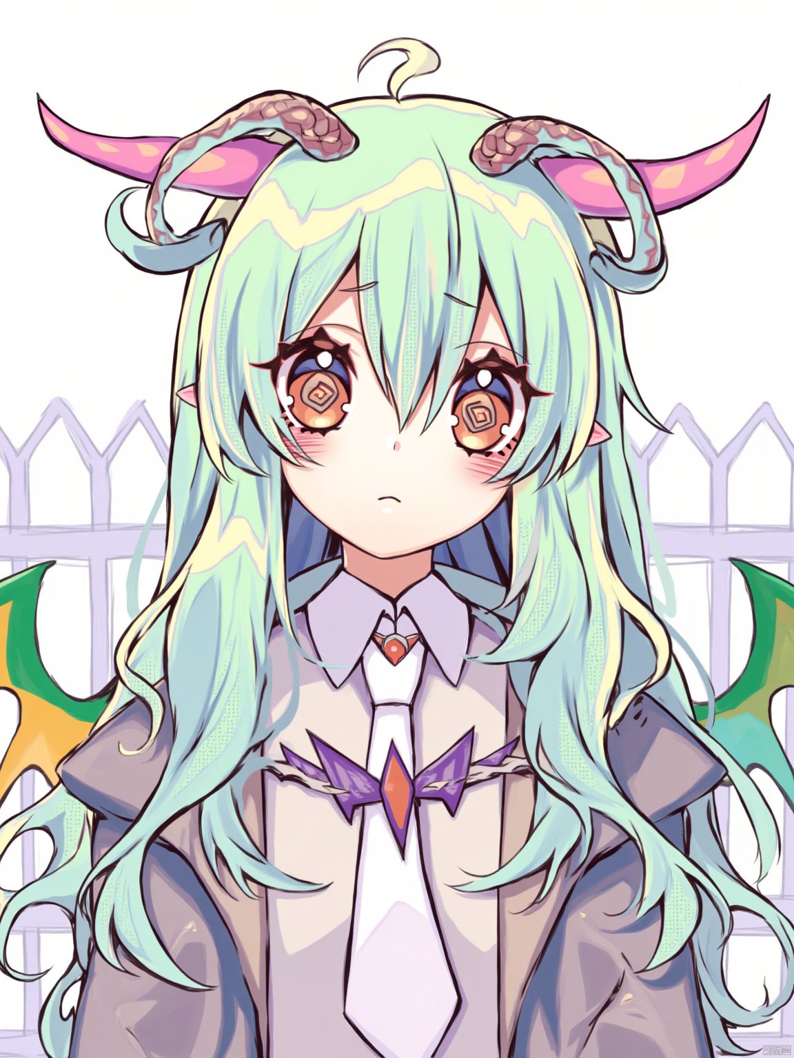  Jingtian,1girl, 

jewelry, head wings, light green hair, brown eyes, hair between eyes, necktie, upper body, earrings, horns, long hair, long sleeves, fence, pointy ears, green wings, demon horns, multicolored wings, snake hair ornament, wing collar, white necktie, single earring, simple background, jacket, closed mouth, hair ornament, solo, wings,

masterpiece, newest, absurdres, safe