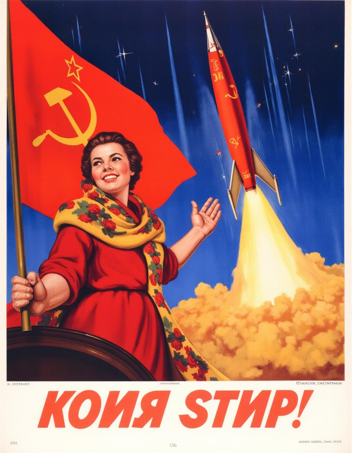 <lora:Soviet_Flux_2:1> Soviet poster, soviet style, A women waving at the viewer while a soviet space ship lifts off into space, soviet flag waving in the background, 