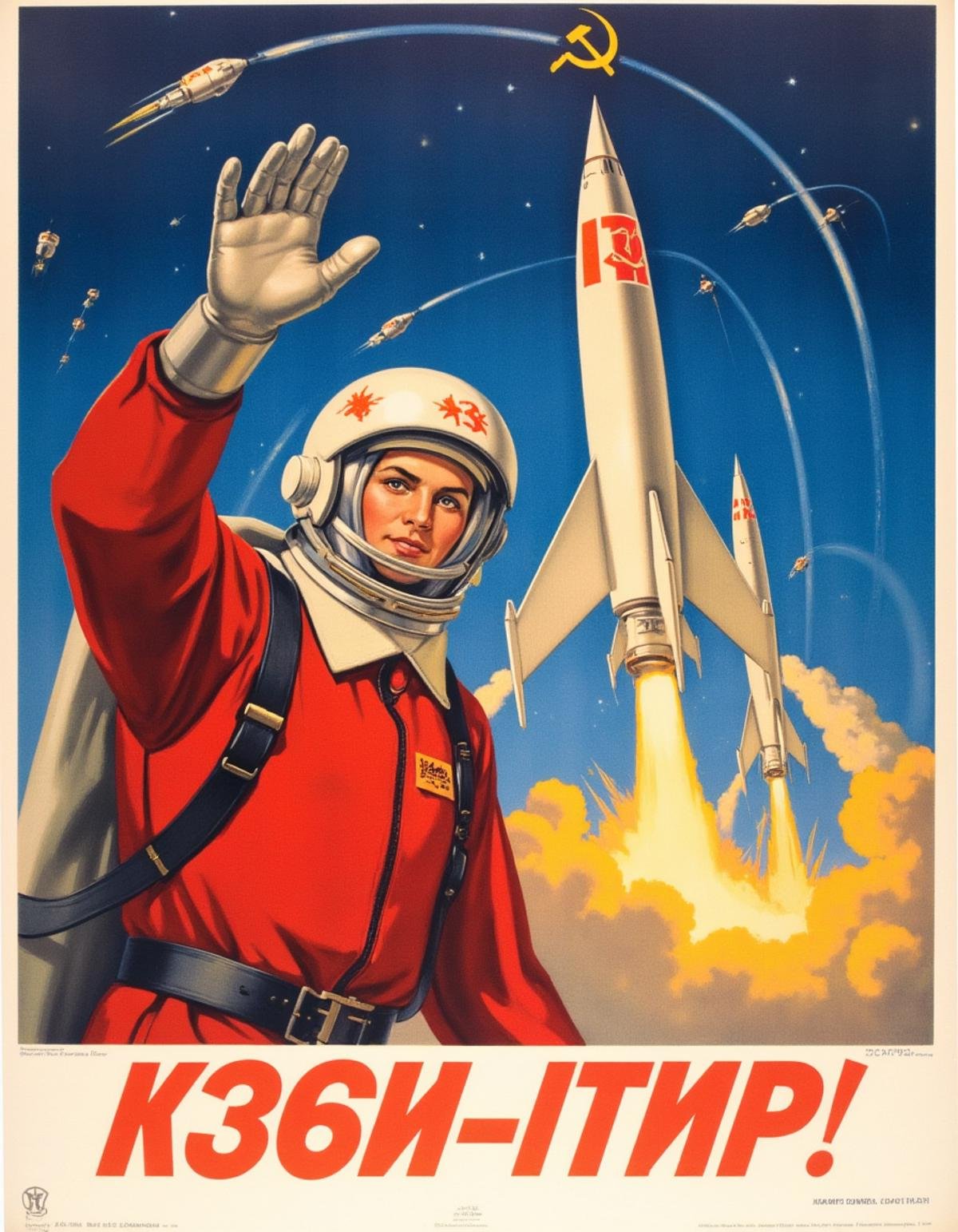 <lora:Soviet_Flux_2:0.9> Soviet poster, soviet style, Russian cosmonaut waving at the viewer as 3 soviet spaceships lift off, smoke, hammer and sickle marked in gold at the top  