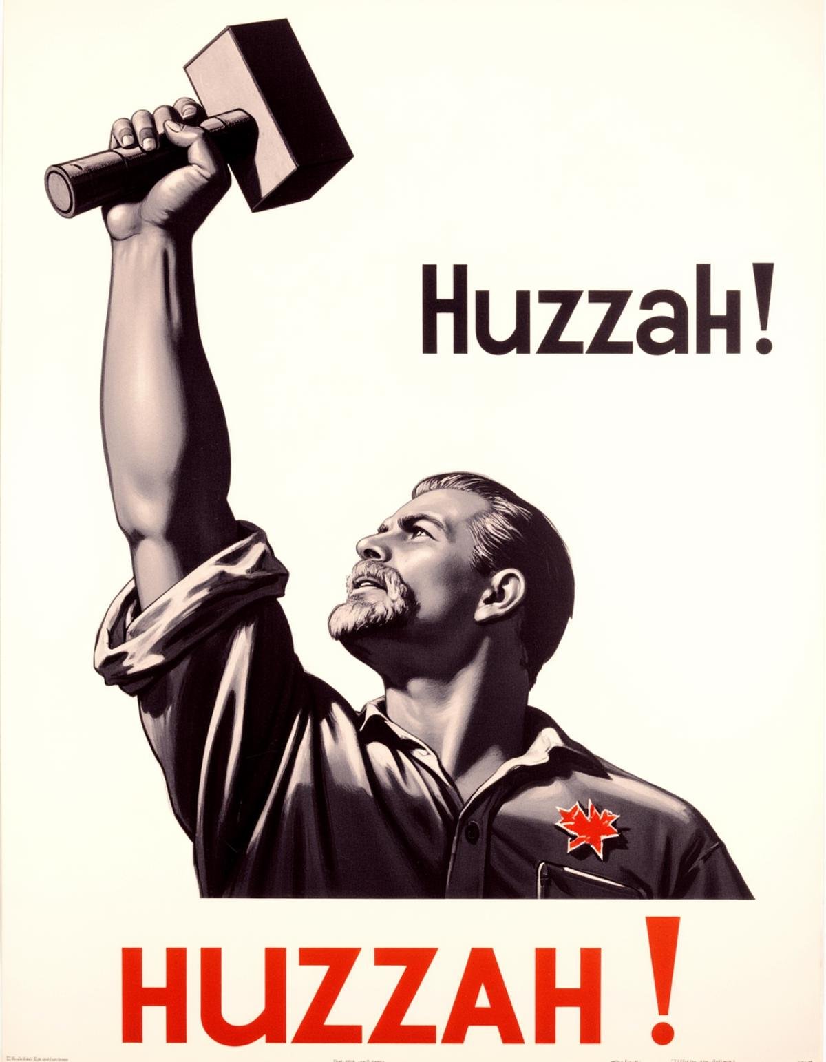 <lora:Soviet_Flux_2:0.9> Soviet poster, soviet style, A man with both hands in the air holding a hammer and sickle, white background, in the black text above says: Huzzah!