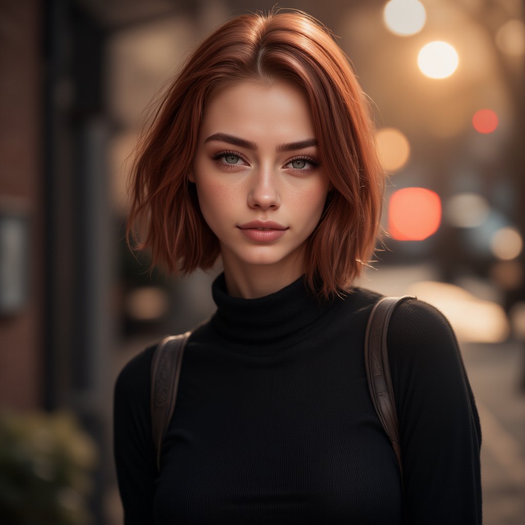 Soft brilliance, gentle and green eyes, light and graceful movements, short red hair, elegant and demure manners,  wearing black turtleneck sweater, gentle and kind smiles, flowing lines like water, show the delicate emotions and gentle temperament of women. autmn leaves, golden hour, photogenicLDG