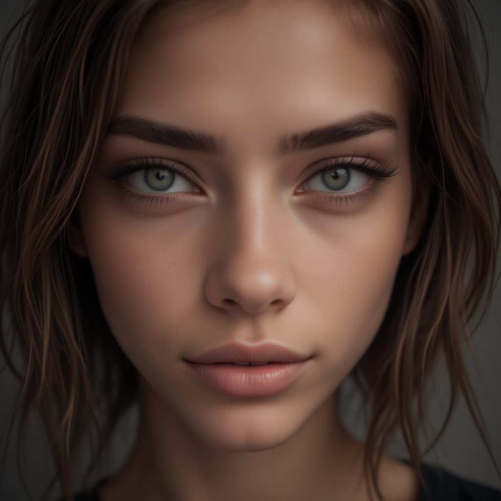 portrait of a young woman. she is looking up at the camera. her shoulder length brown hair frames her face. she is confident. natural beauty. beautiful green eyes with a little brown ring in her iris. catchlights in the eyes. full lips. The image has a neutral color tone with natural light setting. f/5.6 50mm, close-up, sharp focus, (Best Quality:1.4), (Ultra realistic, Ultra high res), Highly detailed, Professional Photography, photogenicLDG