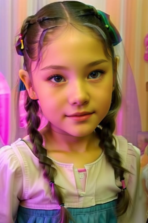 very scared,little girl, (6 years old), with makeup, with braids ,D4N1 LUJ4N,L1ND4 V3R0N1C4