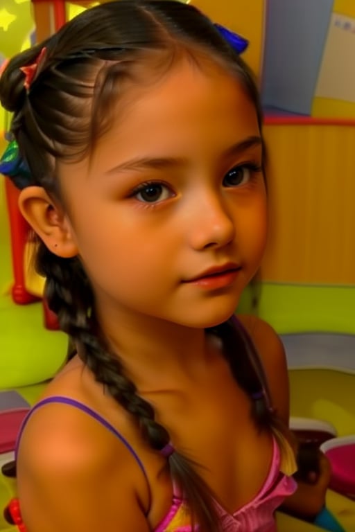 very scared,little girl, (6 years old), with makeup, with braids ,in bikini,L1ND4 V3R0N1C4