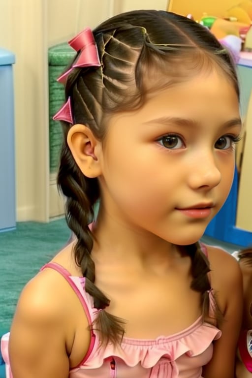 very scared,little girl, (6 years old), with makeup, with braids ,in bikini,D4N1 LUJ4N