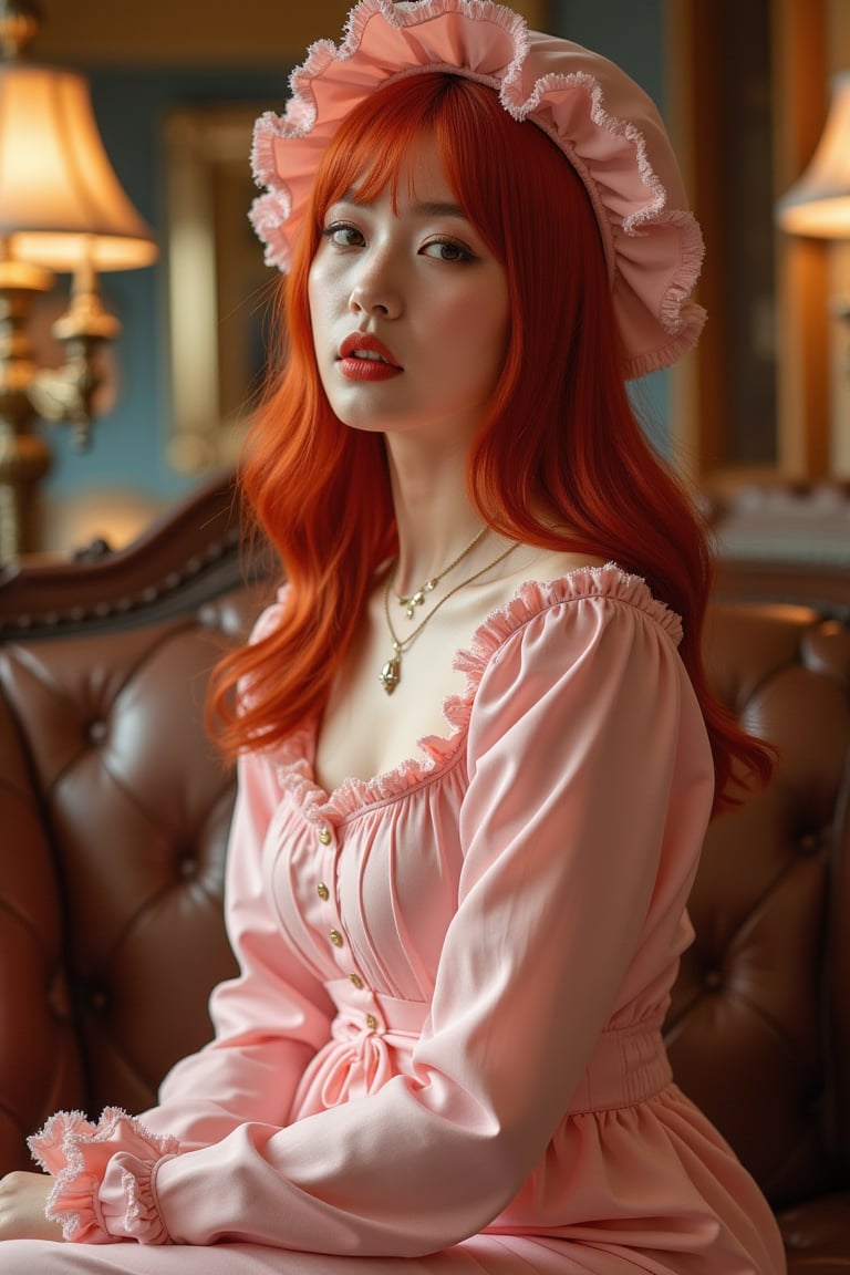 A young woman with vibrant red hair, posing elegantly amidst opulent surroundings. strong lighting casts a warm glow on her porcelain skin as she strikes a pose in a provocative fusion of styles. A pastel pink onesie adorned with frills and a delicate bonnet adds a touch of whimsy to her outfit, juxtaposing against the lavish backdrop.