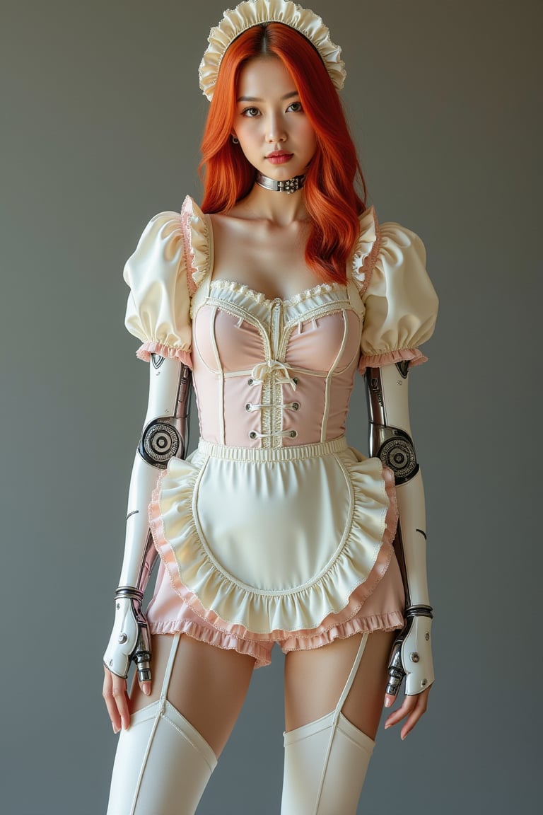 A young woman with vibrant red hair, dressed in a unique fusion of styles. She wears a baby outfit, including a soft, pastel onesie with frills and a bonnet, blended with the elegant attire of a Victorian maid, featuring a lace apron and puffed sleeves. Her appearance is further enhanced by robotic elements, with metallic arms and legs, and glowing circuits running through her outfit.