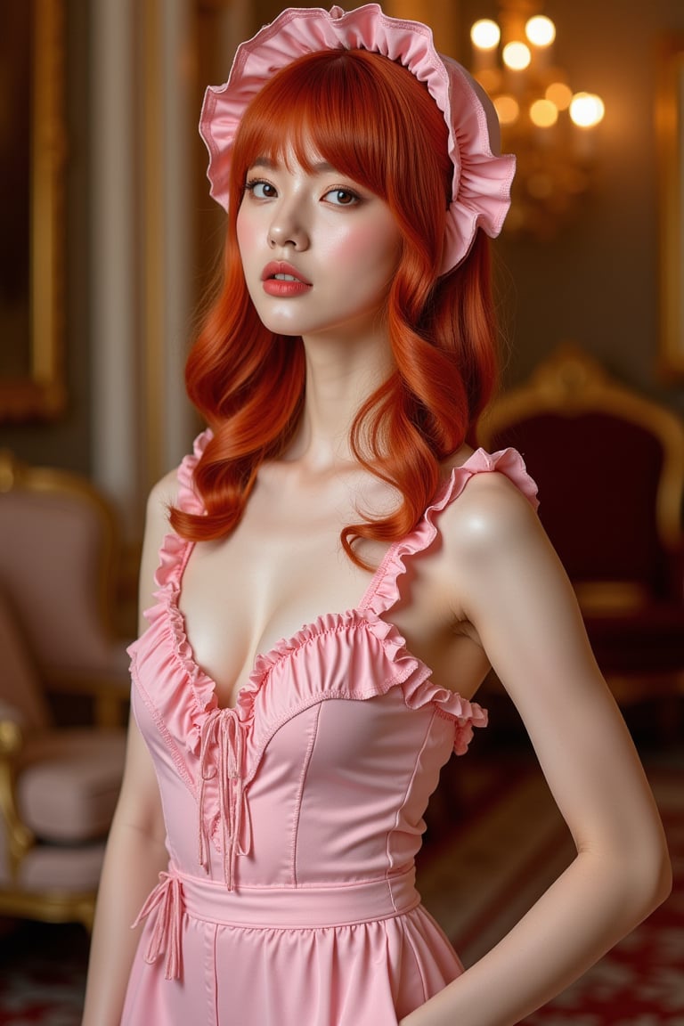 A young woman with vibrant red hair, posing elegantly amidst opulent surroundings. strong lighting casts a warm glow on her porcelain skin as she strikes a pose in a provocative fusion of styles. A pastel pink onesie adorned with frills and a delicate bonnet adds a touch of whimsy to her outfit, juxtaposing against the lavish backdrop.