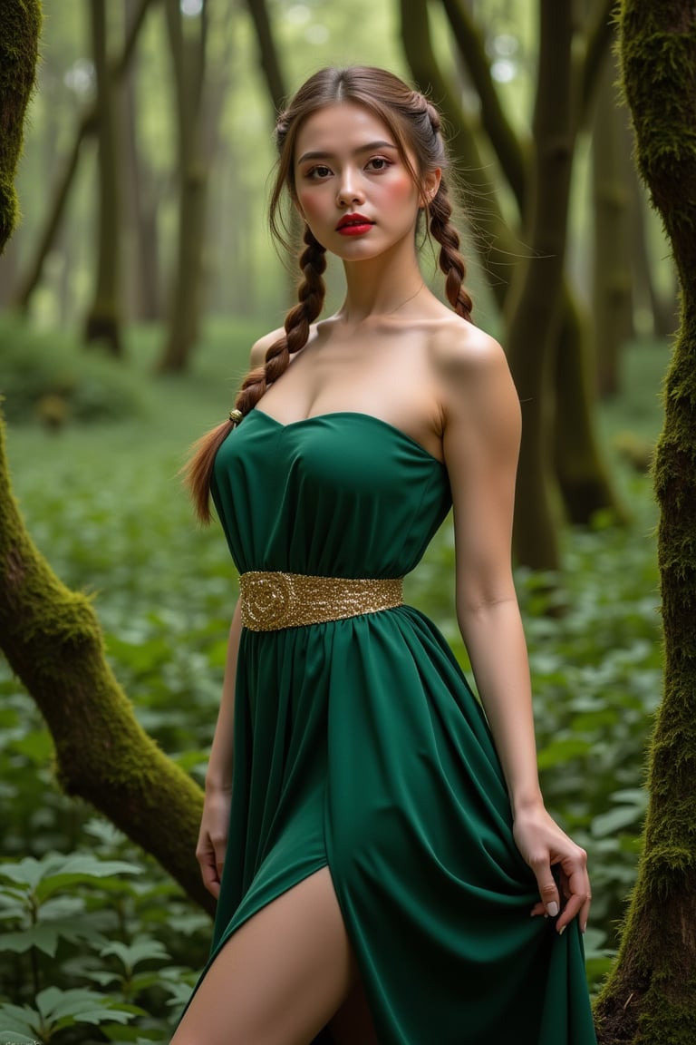 a beautiful young woman stands in a lush forest. She is dressed in a strapless green dress adorned with a gold belt. Her hair is styled in two braids, adding a touch of color to her dress. The backdrop is a lush green forest filled with tall trees, their branches covered in moss. The woman's eyes are a deep red, her lips are painted a bold red. Her left hand is positioned on the right side of the frame, while her right hand rests on her hip. Her legs are slightly bent at the waist, adding depth to the scene.,luxury style