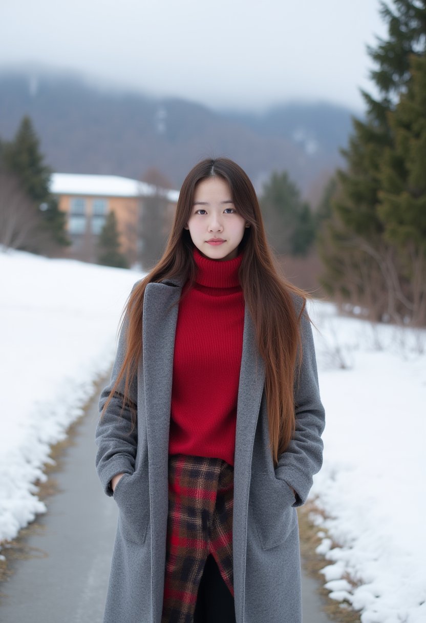 A young Asian woman with long brown hair wearing a red sweater and a gray coat, standing on a snowy path in front of a winter landscape with pine trees and buildings