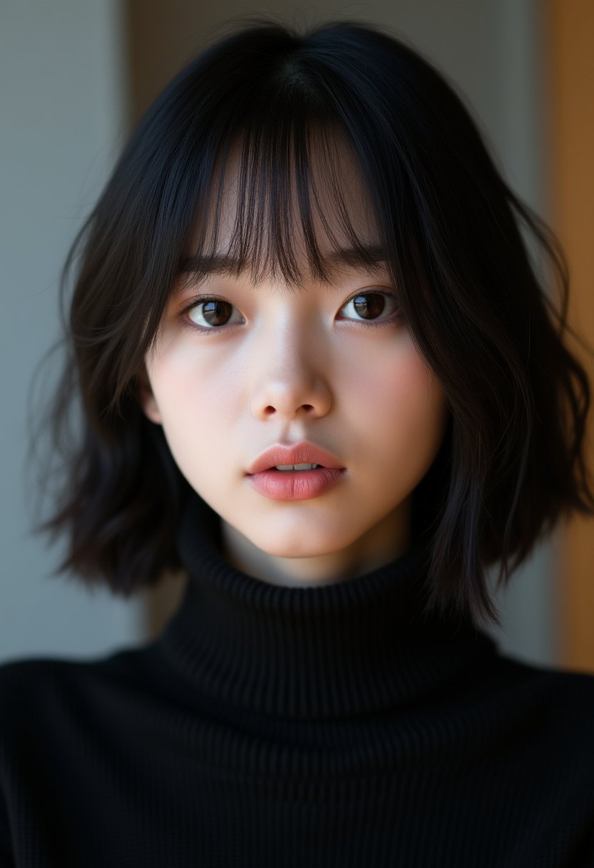  A photorealistic portrait of a 32-year-old Japanese girl with a black bob and tattoo, exuding kindness and innocence. She wears a soft-focus lens-friendly black turtleneck sweater, which accentuates her facial expression and features. Natural light illuminates the scene, minimizing distractions from the subtle background. Details maximum, The camera captures a close-up composition, emphasizing her purity and innocence through gentle texture and detail highlights in the sweater.