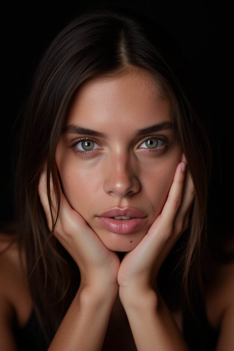 portrait of high resolution of the young wos4r4s4m, A dark background. Bury hands on the chin, having a deep thoughtful look on the face. Clear faces, pores are not enhanced, a touch of makeup. Visible hair strands over face. Warm, subdue colors. Blurred background. Full-frame camera, wide aperture. Studio lighting for depth. Subtle contouring shadows. Minimal editing, natural appearance. Striking green eyes