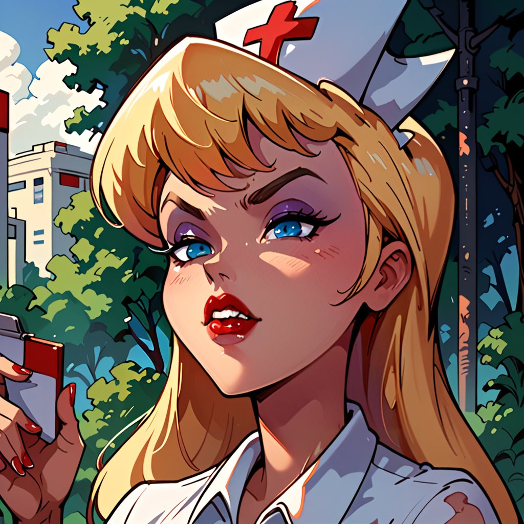 masterpiece, best quality, highly detailed, score_9, score_8_up, score_7_up, score_6_up, source_anime, BREAK,  HellonurseXL, blond hair ,blonde,1girl, lipstick, long hair, blue_eyes, nurse cap, portrait, white nurse uniform, nurse shoes with white bow, outdoors,