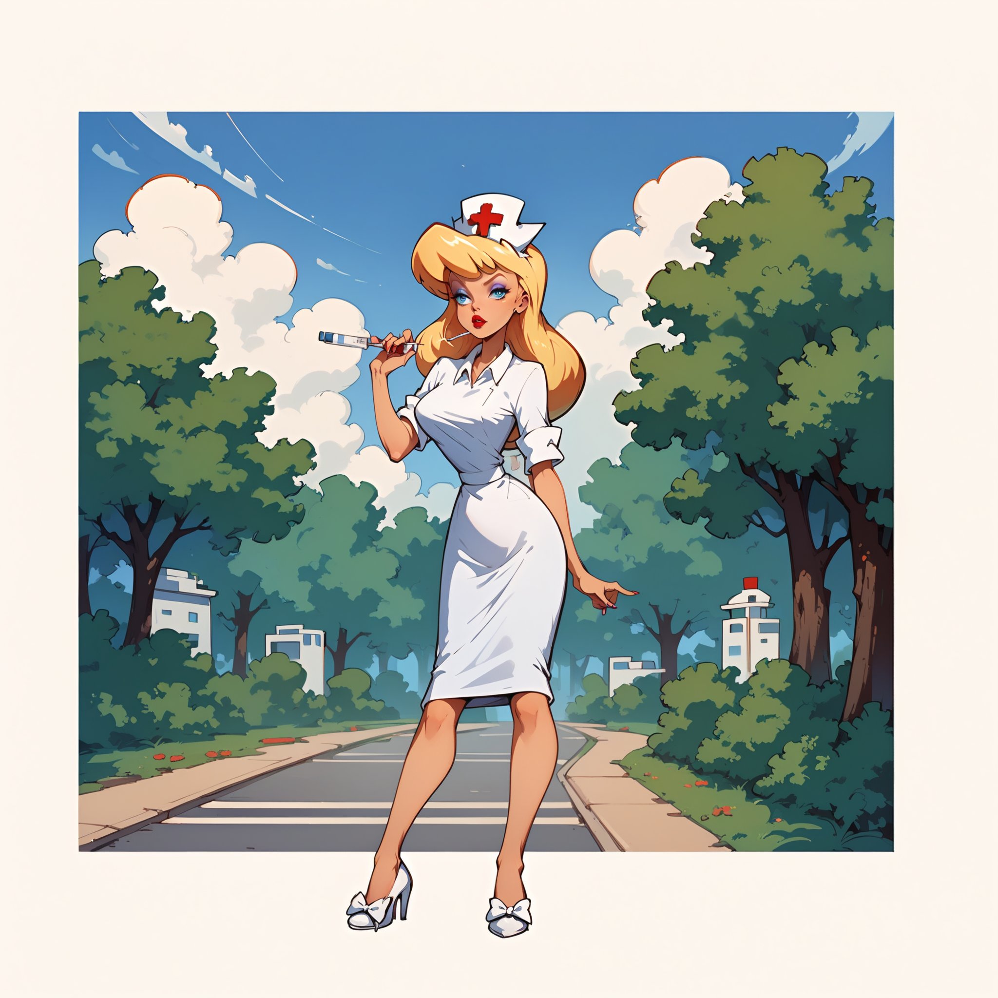 full_body 2:3, outdoors, cartoon style,masterpiece, best quality, highly detailed, score_9, score_8_up, score_7_up, score_6_up, source_anime, BREAK,  HellonurseXL, blond hair, blonde, 1girl, lipstick, long hair, blue_eyes, nurse cap, white nurse uniform, nurse shoes with white bow, perfect eyebrows,